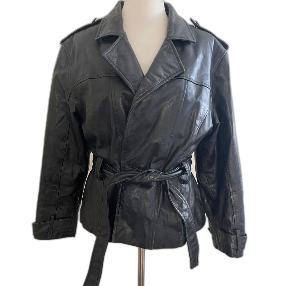 Vintage Y2K Belted Leather Moto Biker Black Jacket Women's Size M **READ